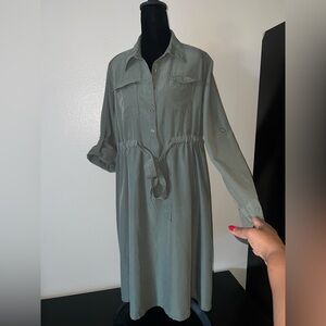 Isabel Olive Green Boho Button Shirt Drawstring Maternity Dress Sz Large
